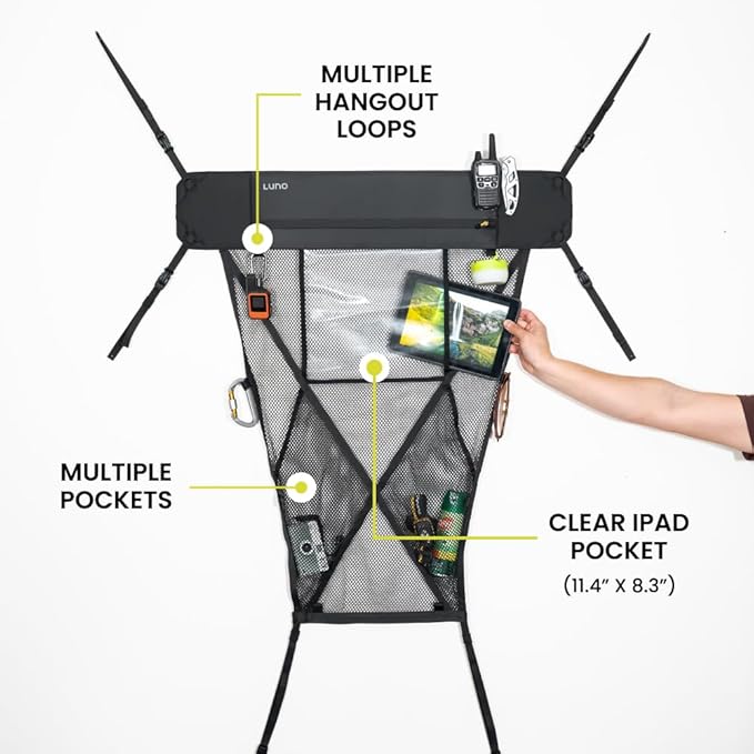 LUNO Ceiling Cargo Net - Car Roof Storage w/Multiple Pockets, Hangout Loops & Tab Pocket for Long Road Trip & Camping - 36" x 52" Car Camping Essentials Organizer for SUV - XL