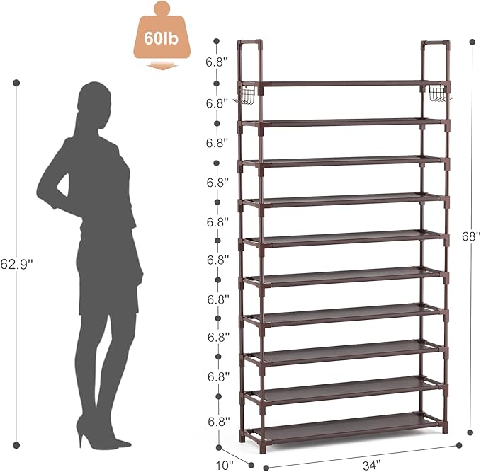 VTRIN 10 Tiers Shoe Rack Tall Large Capacity 50 Pairs Wide Shoe Organizer Sturdy Shoe Shelf for Entryway with Two Hooks Metal Shoe Storage for Closet, Bedroom, Brown