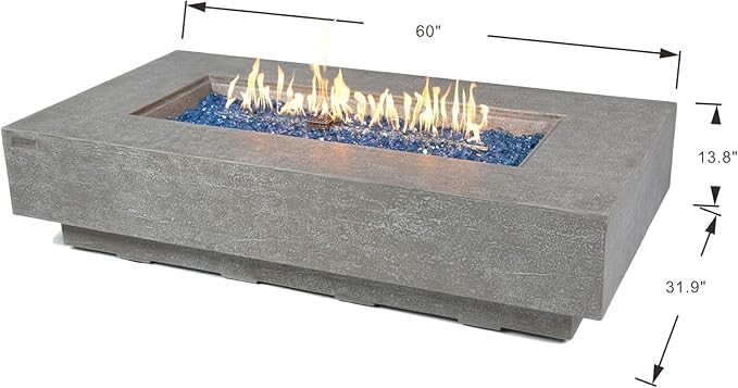 Elementi+ | Bundle Riviera Gas Fire Pit Cast Concrete 60" Rectangular Fire Table, Outdoor Fire Pit Electronic Ignition | Canvas Cover, Fire Glass and Burner Lid Included | Light Gray | Natural Gas