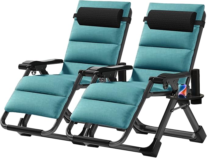 NAIZEA Padded Zero Gravity Chair, Folding Outdoor Lounge Chairs, Adjustable Reclining Camping Chairs with Cup Holder, Ergonomic Patio Lawn Chair for Balcony Beach Deck Yard