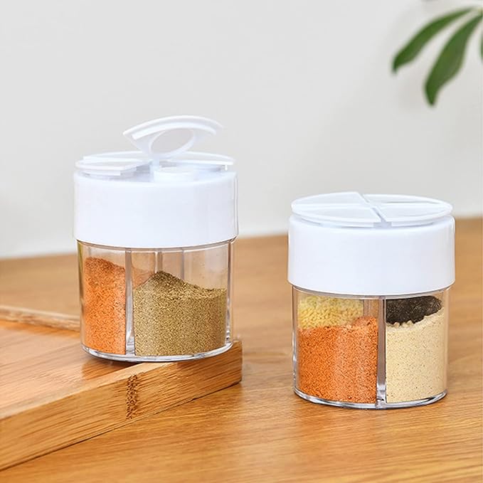 4-Pack 4 in 1 Salt and Pepper Shaker Jars Bottles, 4-Grid Flip Lid Spice Jars - Cylindrical Empty Plastic Seasoning Containers with Transparent Body for Travel Camping BBQ Kitchen Cooking (White)
