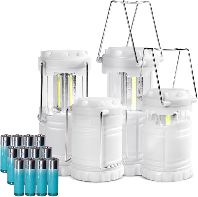 KUNHE LED 4 Pack Glow-in-The-Dark Camping Lanterns Battery Powered (Includes 12 AA Alkaline Batteries) 350 Lumens IPX4 Water Resistant Lanterns for Power Outages Earthquake Emergency Kit