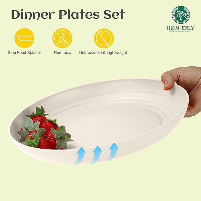 Homienly Plastic Dinner Plates, Wheat Straw Plates 11 Inch, Lightweight Unbreakable Plates Set of 8, Microwave Safe Plates, Deep Plates for Dinner - Beige