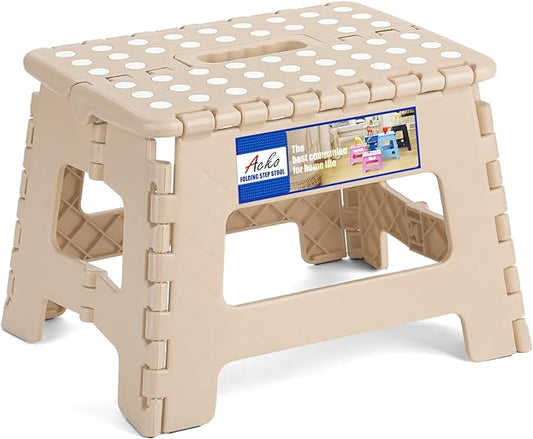 ACKO Folding Step Stool 9 Inch 300 lb Capacity, Plastic Foldable Step Stools for Kids and Adults, Folding Stools Suitable for Kitchen, Stepping Stool with Handle Khaki 1PC