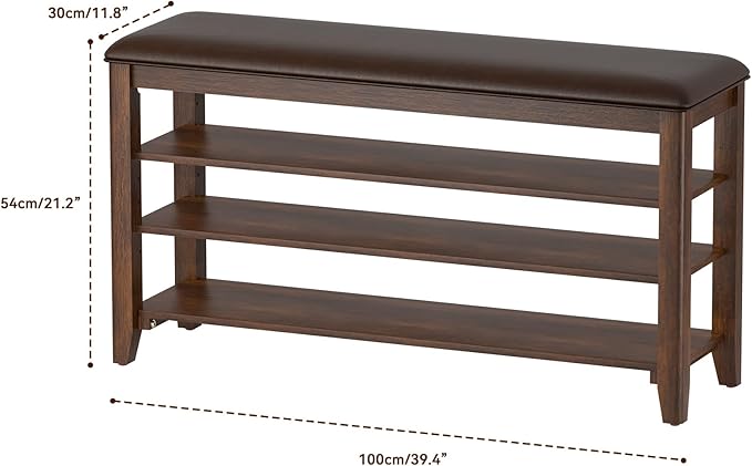 Shoe Rack Bench Entryway Storage with Leather Cushion, Shoe Organizer Bench for Entryway, Ideal for Front Doors Entrances Hallway Mudroom Featuring Rubberwood And 3 Height-Adjustable Removable Shelve