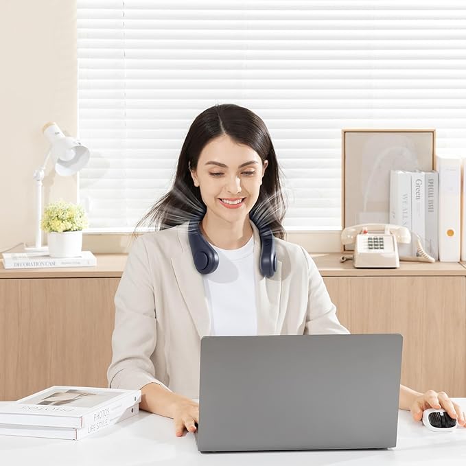 JISULIFE Portable Neck Fan, Hands Free Bladeless Fan, 5 Speeds, 4000 mAh Battery Operated Wearable Personal Fan, Twistable, Rechargeable, Gift for Women Men-Blue