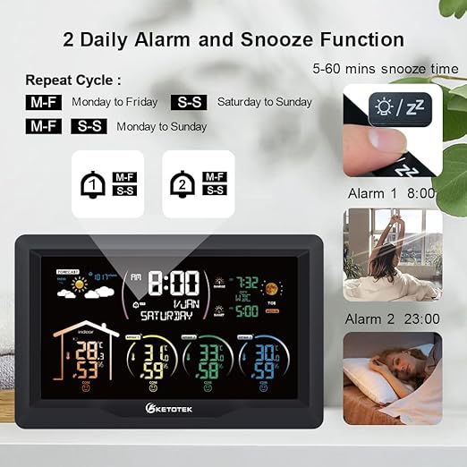 Wireless Radio Weather Station with 3 Outdoor Sensors Indoor Outdoor LCD Digital Thermometer Hygrometer Barometer with WWVB,Alarm Clock,Weather Forecast,Moon Phase,Sunrise and Sunset Time