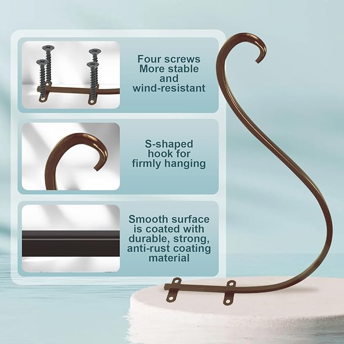 Plant Hangers Outdoor, 4 Pack 12 Inch Plant Hooks for Wall Metal Plants Hanging Bracket for Bird Feeder, Flower Baskets, Wind Chimes, Lanterns, Indoor Outdoor, Bronze