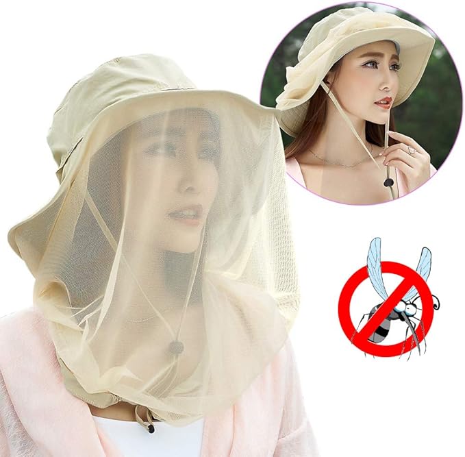 Mosquito Head Net Hat, Safari Sun Hat with Veil Mesh Protection from Insect
