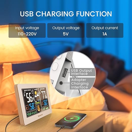 Newentor Weather Station Wireless Indoor Outdoor Thermometer, Color Display Digital Weather Thermometer with Atomic Clock, Barometric Pressure, Forecast Station with Adjustable Backlight,White,3Sensor