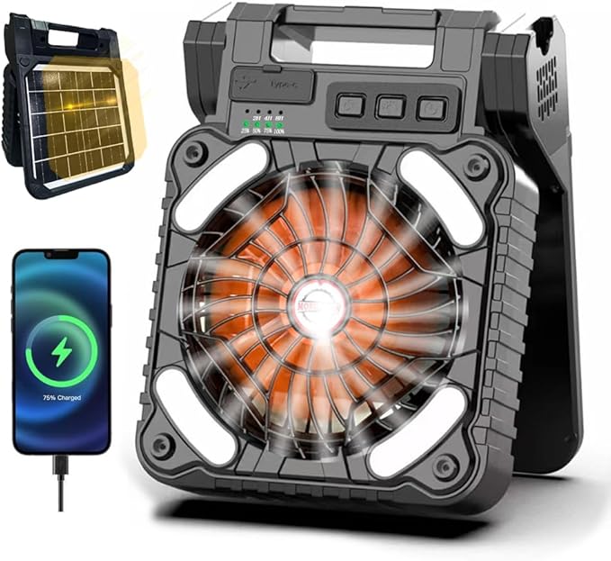 Solar Powered Camping Fan with LED Lantern,10000mAh Rechargeable Battery Operated Portable Fan,4 Speeds/Timer/Power Bank 90° Folding USB Personal Desk Fan (Black&Orange)