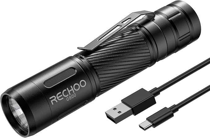 RECHOO Flashlight Rechargeable, G800 LED Flashlight with 3 Lighting Modes, Fixed Focus, Pocket Clip, Small EDC Flash Light for Emergency, Camping Gear (Battery Included)