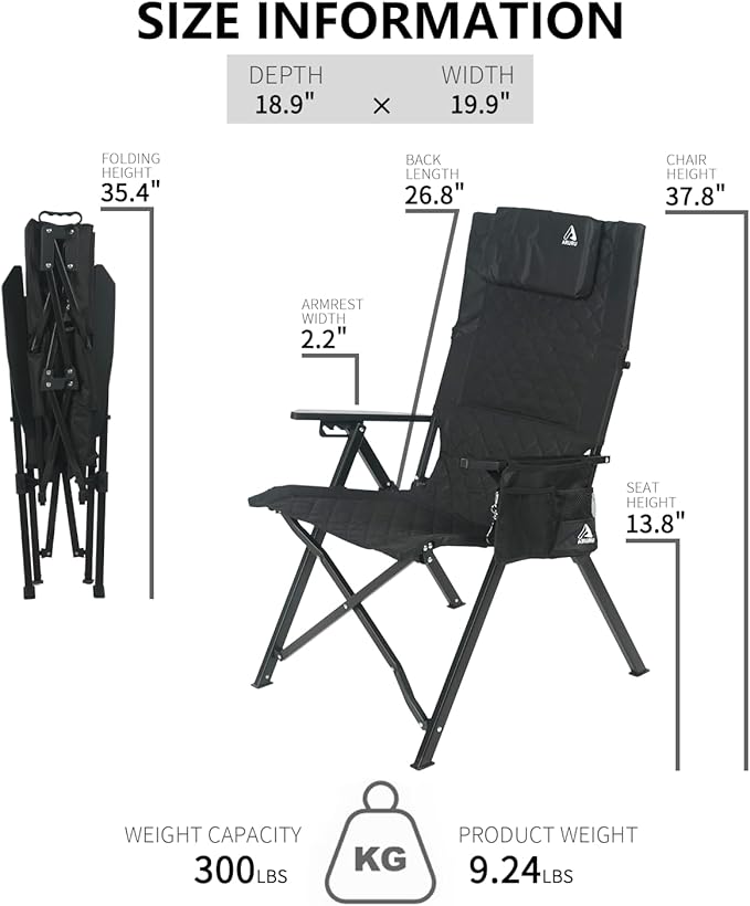 Reclining Camping Chair, Heavy Duty Folding Chairs with 4-Stage Adjustable High Back for Adults, Compact Foldable Outdoor Patio Reclining Chair with Storage Bag （Black）