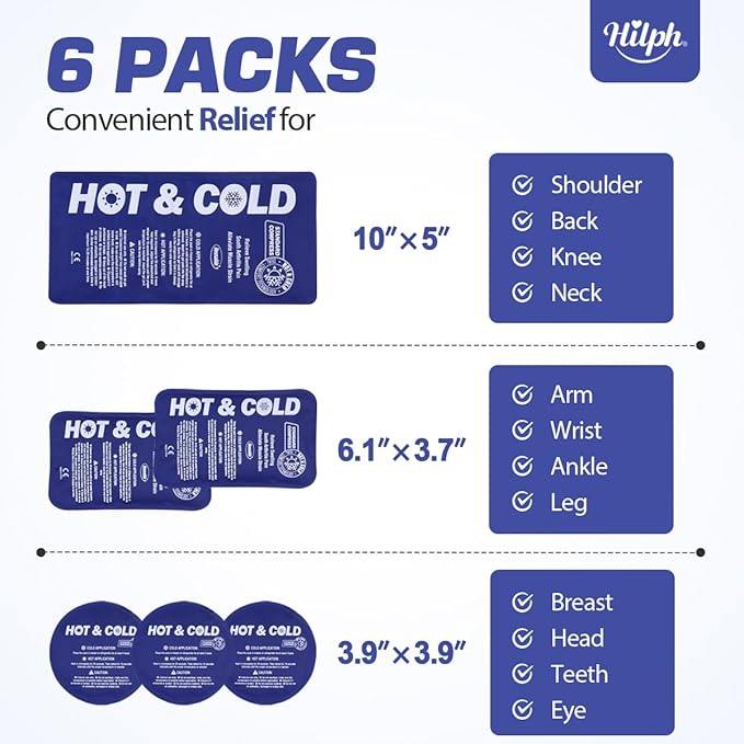 Hilph Ice Packs for Injuries Reusable, 6 Pack Soft Hot and Cold Gel Ice Pack Set for Pain Relief, Swelling, Bruises, Inflammation and Post Surgery Recovery, Ideal for Head, Ankle, Knees and Neck