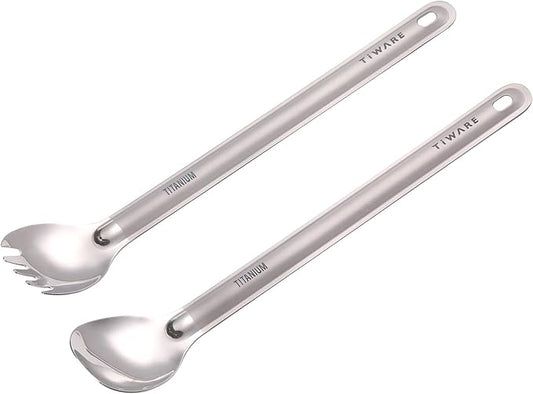 Lot of 2 Titanium Long Handle Spoon & Spork (2 in 1 spoon & fork) Outdoor Ultralight Portable Stirring/Mixing Cookware Polished bowl Flatware for Kitchen Camping Hiking Traveling w. Storage bag