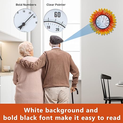 Sunflower Outdoor Thermometer, 12" Metal Wall Themometer, No Need Battery Indoor Thermometer with Large Number Easy to Read for Patio Room Decor