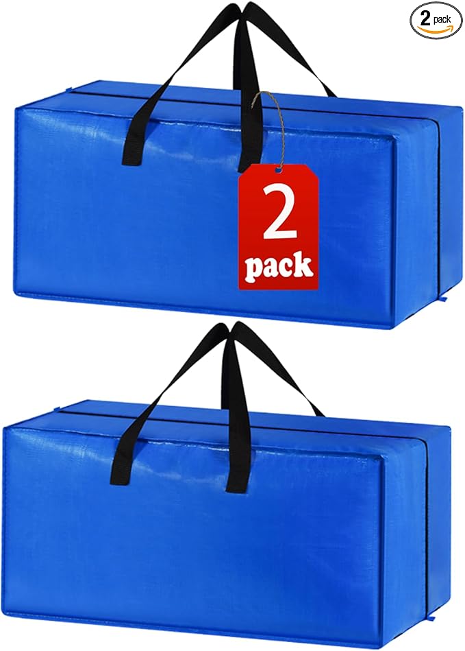 2 Pack Heavy Duty Extra Large Moving Bags Storage Tote - Strong Handles& Backpack Straps - Space Saving Storage Bags Alternative to Moving Boxes and Bins,Compatible with Ikea Frakta Cart, Blue