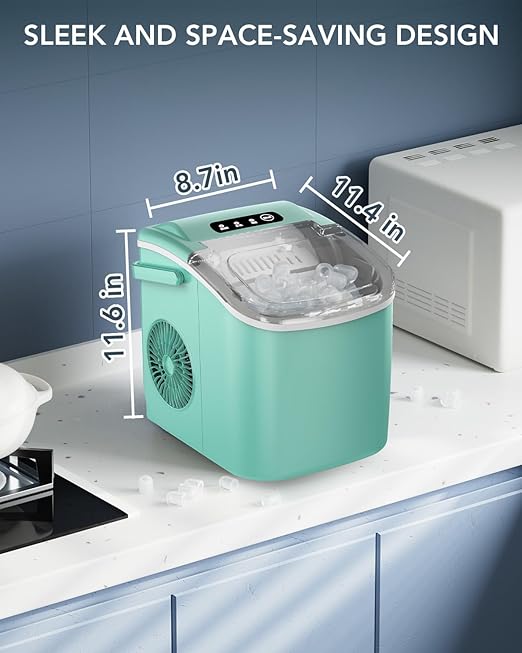 Ice Maker Countertop, Efficient Easy Carry Ice Machine, Self-Cleaning Ice Maker with Ice Scoop & Basket, 9pcs/ 8mins 26.6Lbs Per Day for Home/Office/Kitchen,Green
