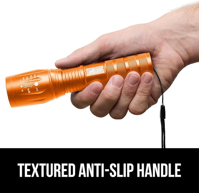 GORILLA GRIP Powerful LED Tactical Flashlight, 750 FT High Lumens 5 Adjustable Modes, Water Resistant, Ultra Bright Zoom Flashlights, Small Mini Flash Light, Camping, Night Dog Walking, Orange