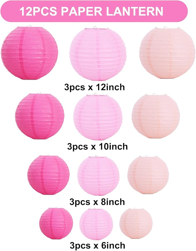 BEISHIDA 12 Pcs Pink Mix Paper Lanterns,Hanging Decorative Chinese Japanese Round Paper Lantern Lamp for Valentine's Day Girls' Party Wedding Children Home Party Decoration