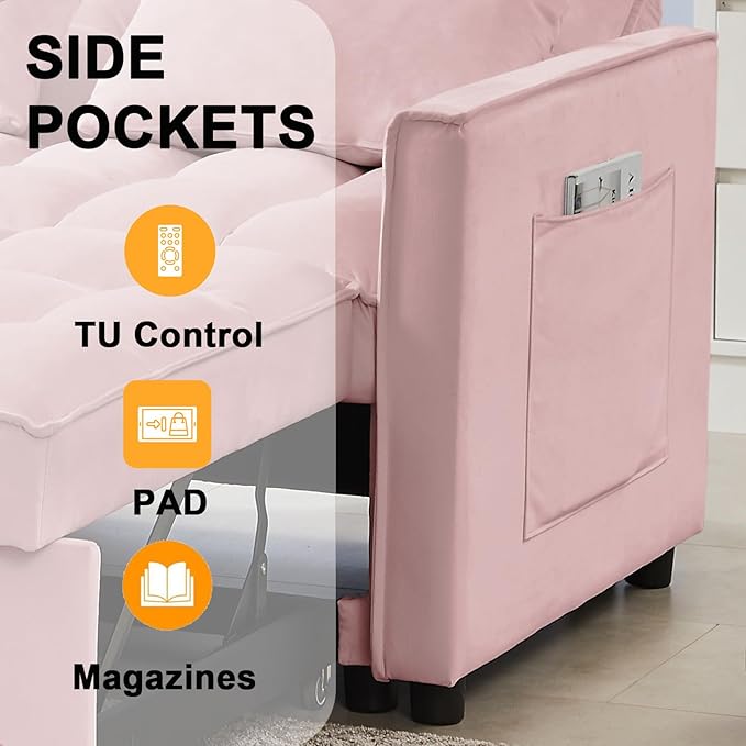 53.14" Velvet Convertible Sleeper Sofa Bed with Adjustable Backrest & Side Pocket, Pull-Out Loveseat Futon Couch for Small Spaces, Solid Wood Frame, Easy Assembly, 3-in-1 Sofa Bed for Living Room