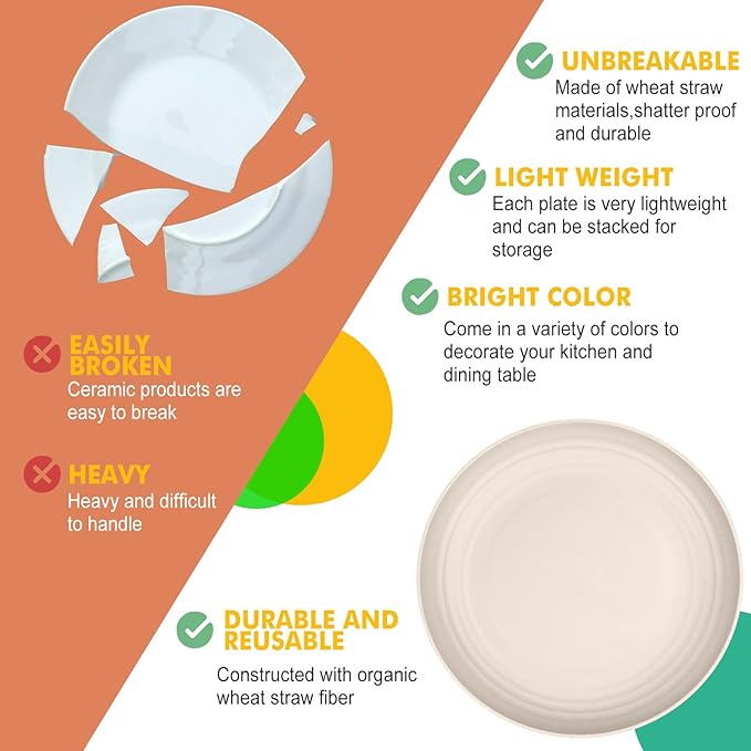 Homienly Wheat Straw Plates 8 PCS Unbreakable Dinner Plates - 10 inch Dishwasher & Microwave Safe Plastic Plates Reusable Lightweight Roud Plates, Plates for Kitchen, Dinner, Outdoor,Picnic (Beige)