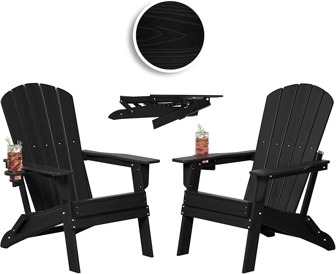 Folding Adirondack Chair, Cup Holder, SGS Tested, Wooden Textured，Heavy All-Weather HDPE Comfortable Set Poolside Backyard Lawn Black Set 2