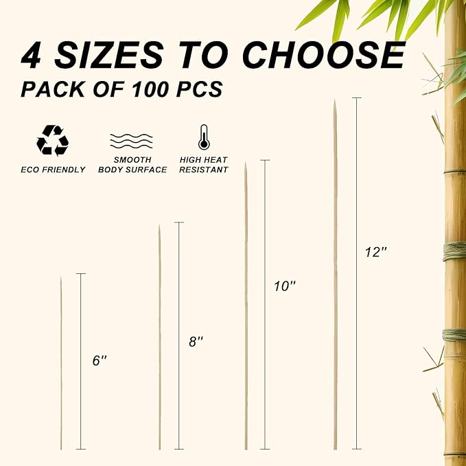 10 inch Natural Bamboo Skewers for Grilling，Chocolate Fountain，Kabob，Crafts，Barbecue，Flower Bouquet， Bouquet Wrapping Paper. Diameter=4mm. More Size Choices 6"/8"/10"/12"/36"(100 PCS)