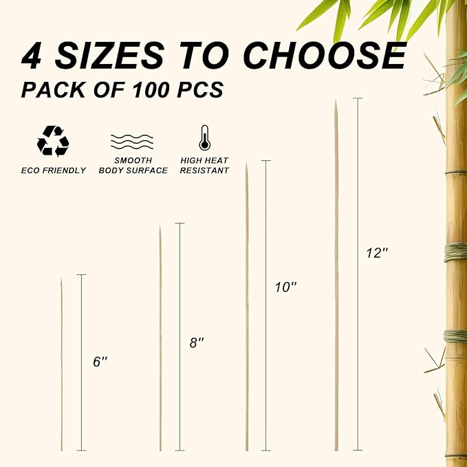 8 inch Natural Bamboo Skewers for Barbecue Party，Fruit，Kabob，Appetiser，Hamburger，Cocktail，Craft，Bouquet，Chocolate Fountain，Corn Dog, diameter=4mm. More Size Choices 6"/8"/10"/12"(100 PCS)