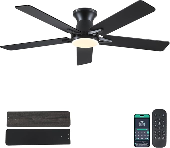 52" Low Profile Ceiling Fans with Lights and Remote,Black Indoor Ceiling Fans with Reversible Quiet Motor,Modern Flush Mount Ceiling Fan Light for Bedroom