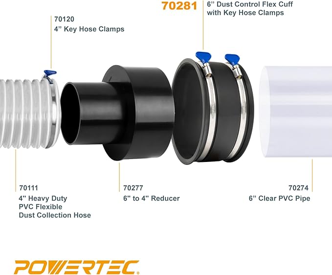 POWERTEC 70281 6 Inch Dust Control Flex Cuff with Adjustable Key Hose Clamps, Hose Connector Rubber Cuff Coupler for Woodworking Dust Collection Fittings, Dust Collector Accessories & Machinery, 1pk