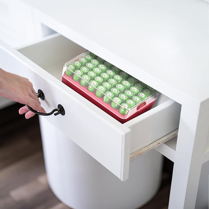 ALCYON Battery Organizer Storage Case, Small Battery Vault Box Container for 48pcs AA Batteries, Plastic Clear Protective Battery Holder for Travelling/Home/Office (Red, Large)