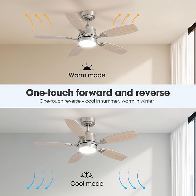 42" Ceiling Fan with Light, Modern Low Profile Ceiling Fan with Light, DC Reversible Motor, Smart APP & Remote Control, Whisper Quiet, Dimmable LED for Bedroom/Living Room