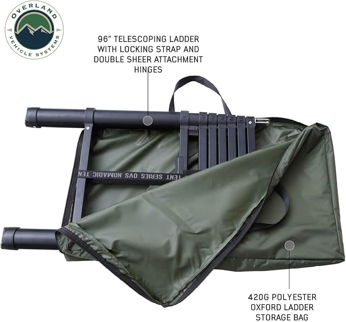 Overland Vehicle Systems HD Nomadic 3 Extended Soft Shell Roof Top Tent - Dark Gray Base with Green Rain Fly & Black 1000G PVC Travel Cover - Black Aluminum Base