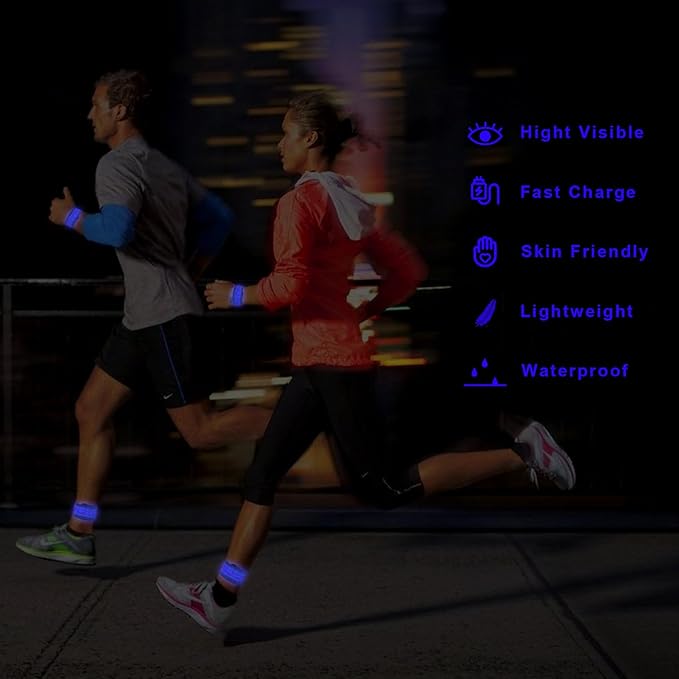 LED Safety Wristband Lights - Rechargeable Light Up Arm Ankle Band Kids Magic Slap Glow Bracelets Reflective Belt High Visibility for Night Cycling Walking Joggers Running Gear