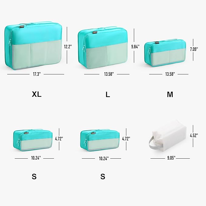 6 Set Compression Packing Cubes for Travel Essentials, Luggage Organizers for Suitcases (Teal)