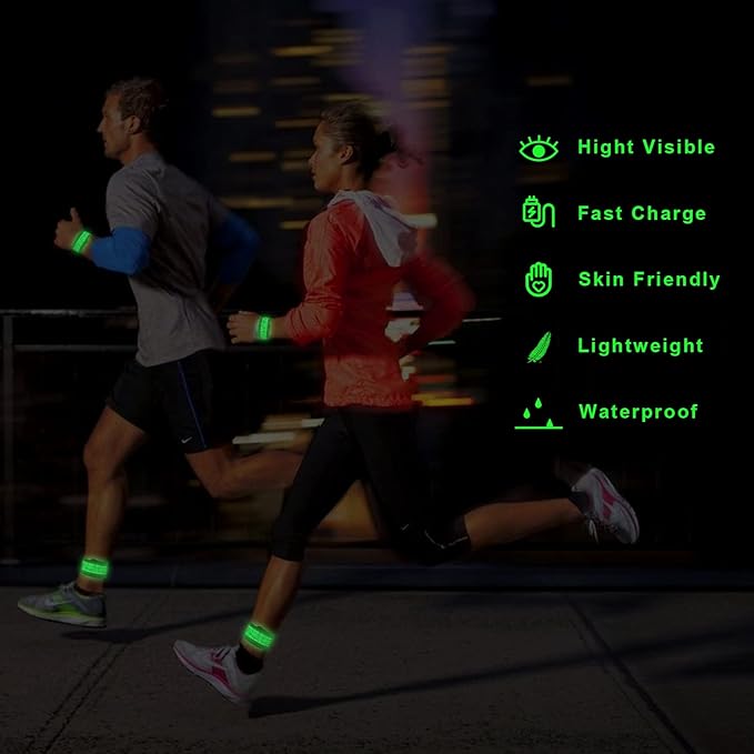LED Safety Wristband Lights - Rechargeable Light Up Arm Ankle Band Kids Magic Slap Glow Bracelets Reflective Belt High Visibility for Night Cycling Walking Joggers Running Gear