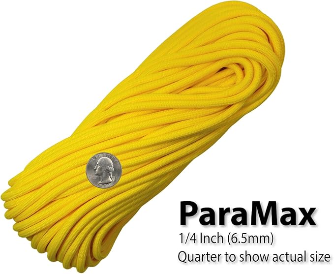 1/4" ParaMax Paracord 100 ft – 1000 lb Type IV Rope for Dog Leashes, Camping, Kayak Anchor - Made in USA - Yellow