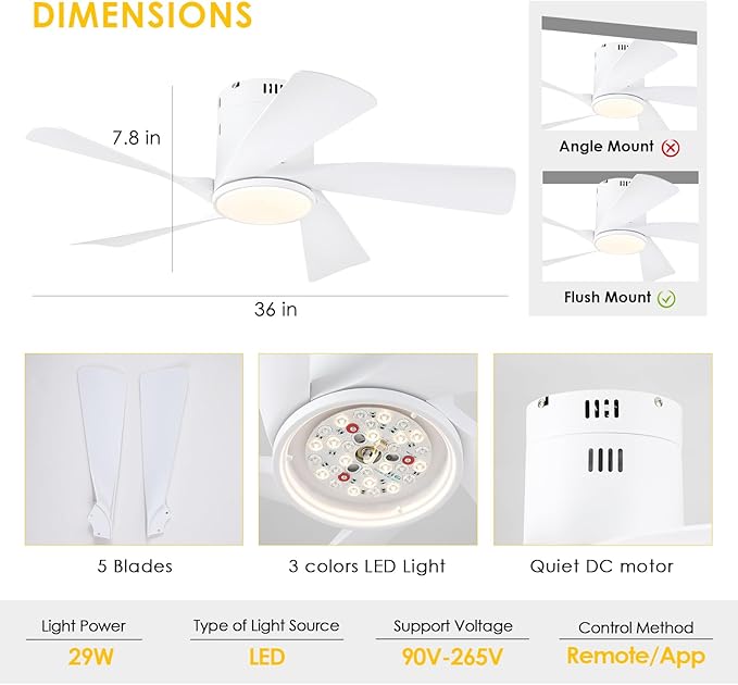 36" Flush Mount Ceiling Fan - White Low Profile Ceiling Fans with Lights and Remote/APP, 6 Speeds and Reversible 5 Fan Blades, Indoor Modern Ceiling Fan LED Light for Bedroom, Small Spaces