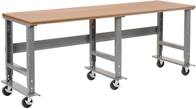 Global Industrial Mobile Adjustable Height Workbench, Shop Square Edge, 96" W x 36" D, Gray