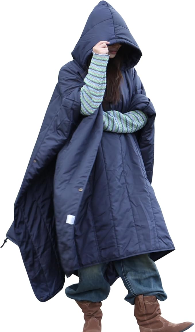 DUKUSEEK Outdoor Wearable Camping Blanket with Hood, Large Packable Backpacking Hooded Stadium Blankets, Lightweight Warm Quilt for Picnic, Hiking, Football, 79"X56"