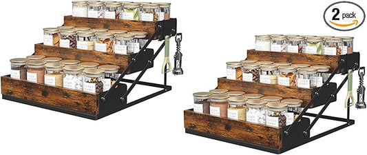 3 Tier Foldable Spice Rack Organizer for Countertop, Step Shelf with Spice Jars for Kitchen Cabinet Drawers Seasoning Rustic Wooden Spice Holder for Home, Cupboard or Door - 2PCS
