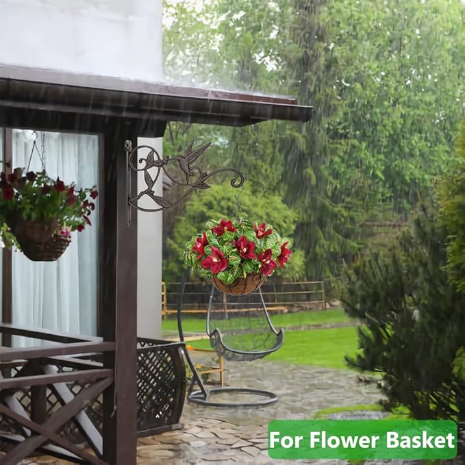 Hanging Plant Hook Bracket - Wrought Iron Metal Hummingbird Hanger Holder for Flower Basket Planter Bird Feeder, Windchimes, Wood Fence Posts Black 2packs