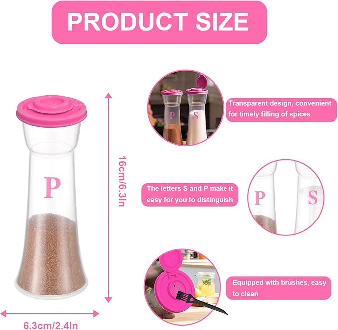 Set of 2 Clear Salt and Pepper Shakers, Plastic Spice Jars with Colorful Lids, Leakproof Moisture-Proof for Home Kitchen Restaurant, Camping, Travel, Picnic (Pink)