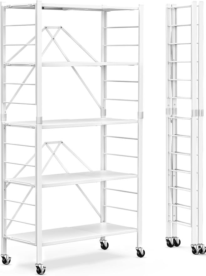 Himix 5 Tier Foldable Storage Shelves, Expandable Folding Pantry Shelf with Wheels, Changeable into 2 Shelf Units, Collapsible Storage Rack Metal Shelves for Kitchen, Room, Garage, White