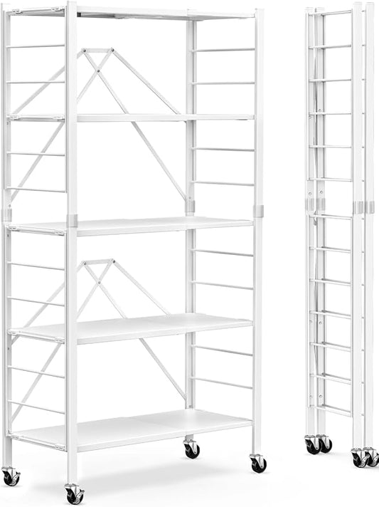 Himix 5 Tier Foldable Storage Shelves, Expandable Folding Pantry Shelf with Wheels, Changeable into 2 Shelf Units, Collapsible Storage Rack Metal Shelves for Kitchen, Room, Garage, White