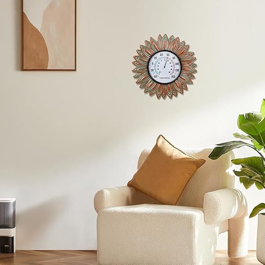 Sunflower Outdoor Thermometers, No Need Battery Indoor Themometer, 12" Metal Wall Thermometer with Large Number Easy to Read for Patio Room Decor