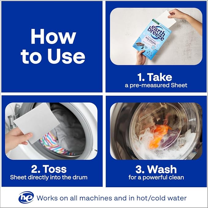 Earth Breeze Laundry Detergent Sheets Fragrance-Free - 60 Loads Eco Liquidless Soap - Travel-Friendly for Hot & Cold Cycles, Tackles Tough Stains & Odors - Gentle on Sensitive Skin, 30 Ct