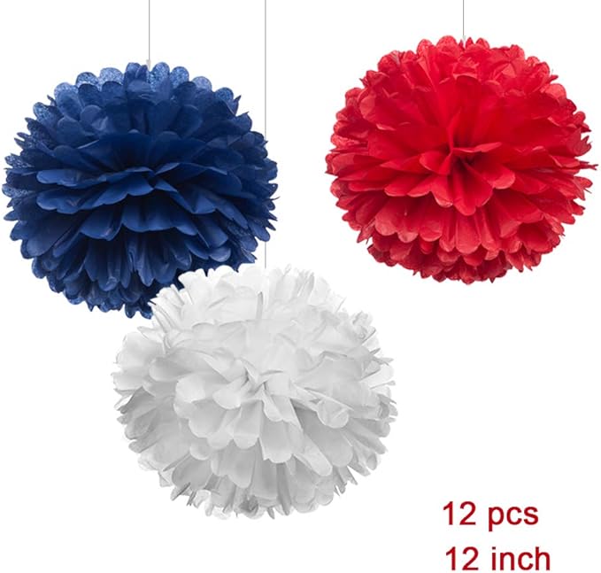 12" Red White Blue Tissue Pom Poms DIY Hanging Paper Flower Balls for Nautical Party Decoration 4th of July Patriotic Decorations, Pack of 12