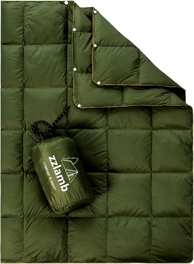 zzlamb Puffy Down Camping Blanket Water-Repellent, Down Throw Travel Blanket Portable for Outdoor, Light Warm Quilt for Couch Plane Car Theater Stadium Picnic RV Backpacking Hammock